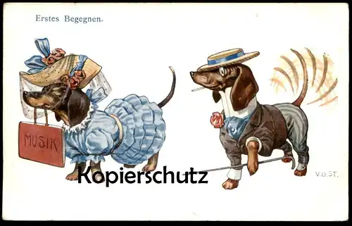 ALTE POSTKARTE DACKEL VERMENSCHLICHT ERSTES BEGEGNEN Hund Dachshund Teckel dog marriage chien postcard cpa AK