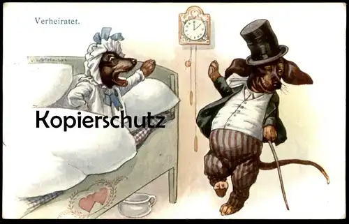 ALTE POSTKARTE DACKEL VERMENSCHLICHT VERHEIRATET Hund Dachshund Teckel married dog chien Ansichtskarte AK postcard cpa