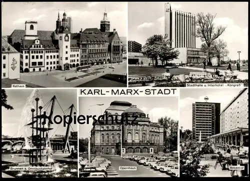 ÄLTERE POSTKARTE KARL-MARX-STADT ROSENHOF STADTHALLE INTERHOTEL KONGRESS RATHAUS BRUNNEN OMNISBUSBAHNHOF Chemnitz AK cpa