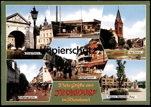 ÄLTERE POSTKARTE GRÜSSE AUS TROISDORF FUSSGÄNGERZONE ELEKTRO MENNE PORST DAK TEPPICH SEFAT Ansichtskarte AK cpa postcard