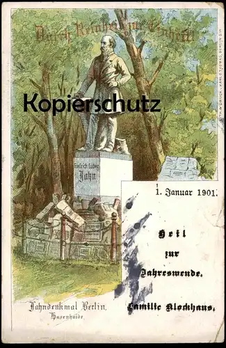 ALTE LITHO POSTKARTE JAHN DENKMAL BERLIN HASENHAIDE DURCH REINHEIT ZUR TURNHEIT Turnvater Turnen Hasenheide Klockhaus AK