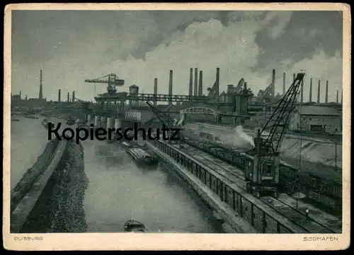 ALTE POSTKARTE DUISBURG SÜDHAFEN SCHIFFE KRAN ZUG KOHLE train crane grue cargo ship Hafen port Ansichtskarte AK postcard