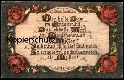 ALTE KÜNSTLER POSTKARTE ROSE SPRUCH MUTTER DER BESTE NAM IM ERDENRUND DAS SCHÖNSTE WORT HOLZBRANDMALEREI mother Blume AK