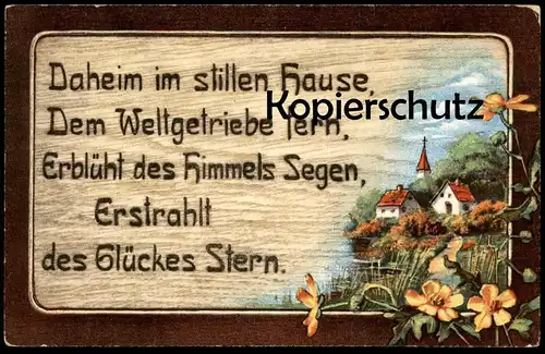 ALTE KÜNSTLER POSTKARTE BLUMEN SPRUCH 1916 HEIM GLÜCK ZU HAUS RUHE HEIMAT STERN HOLZBRANDMALEREI home Ansichtskarte AK