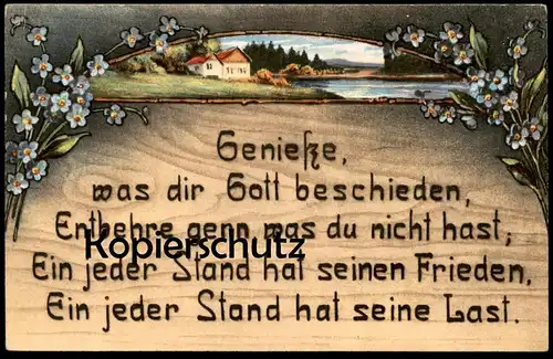 ALTE KÜNSTLER POSTKARTE SPRUCH BESCHEIDENHEIT NEID ENTBEHRUNG LAST & FRIEDEN HOLZBRANDMALEREI postcard cpa Ansichtskarte