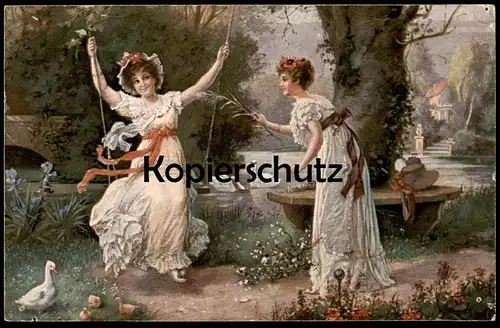 ALTE POSTKARTE ZWEI FRAUEN IM FRÜHLING DES LEBENS SCHAUKEL SPIELEN swing two women cpa AK Ansichtskarte postcard