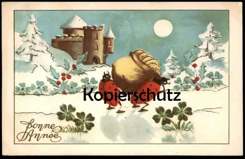 ALTE POSTKARTE MARIENKÄFER SCHLEPPEN GELDSACK VERMENSCHLICHT KÄFER coccinelle ladybug ladybird Geld AK cpa postcard