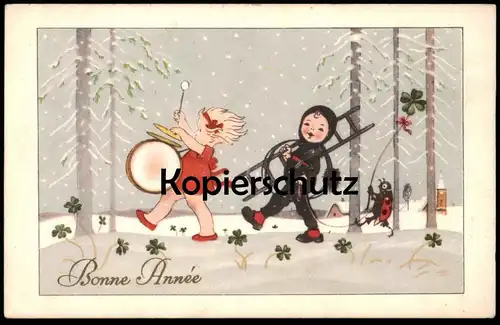 ALTE KÜNSTLER POSTKARTE KIND MIT TROMMEL SCHORNSTEINFEGER MARIENKÄFER CHIMNEY SWEEP ladybird enfant girl cpa postcard AK