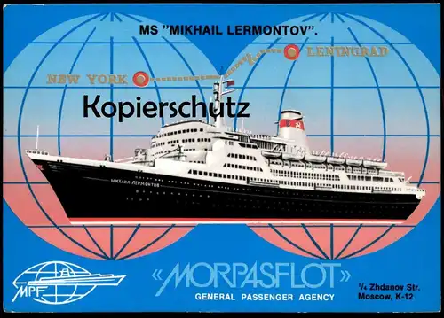 ÄLTERE POSTKARTE MS MIKHAIL LERMONTOV KREUZFAHRTSCHIFF MORPASFLOT Schiff Motorschiff ship New York Leningrad postcard AK