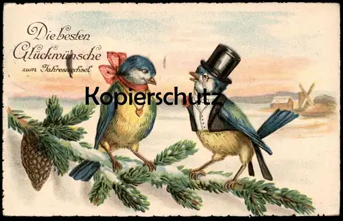 ALTE POSTKARTE VÖGEL VERLIEBT HERZ HOCHZEIT NEUJAHR BLAUMEISE ZYLINDER HUT VOGEL VERMENSCHLICHT Ansichtskarte postcard