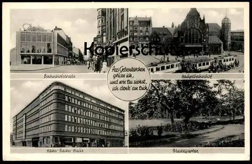 ÄLTERE POSTKARTE GELSENKIRCHEN BAHNHOFSTRASSE HAUPTBAHNHOF HANS-SACHS-HAUS Thier-Bräu Boecker Tram Tramway Post cpa AK