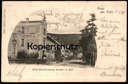 ALTE POSTKARTE GRUSS AUS SAYN HOTEL FRIEDRICHSBERG BESITZER P. BALL 1901 Bendorf Koblenz Passepartout cpa postcard AK