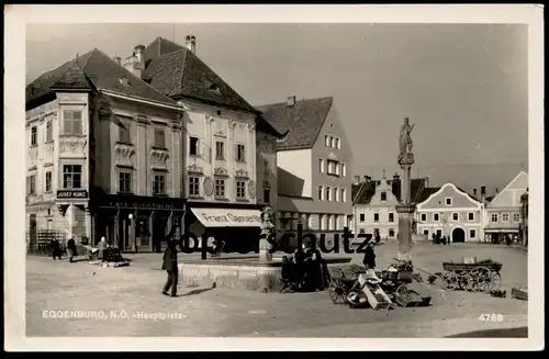 ALTE POSTKARTE EGGENBURG HAUPTPLATZ CAFÉ JOSEF KUNZ FRANZ GAMERITH HÄNDLER Markt Marché Market Niederösterreich Austria