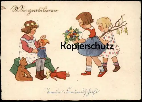 ALTE KÜNSTLER POSTKARTE TREUE FREUNDSCHAFT WIR GRATULIEREN RENATE DRUDE TEDDY KASPERLE ? KASPER ? PUPPE Kinder Mädchen