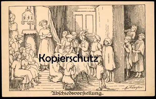 ALTE KÜNSTLER POSTKARTE ABSCHIEDSVORSTELLUNG ABSCHIED TOD TRAUER KINDER ELISABETH LÖRCHER WELTKRIEG KIND postcard death