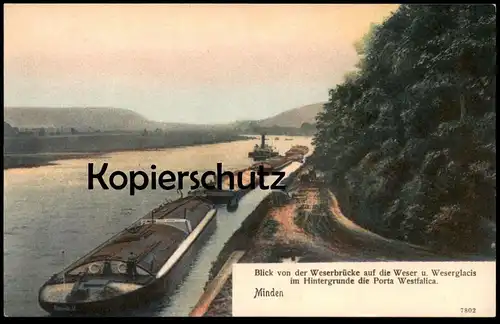 ALTE POSTKARTE MINDEN BLICK VON DER WESERBRÜCKE AUF DIE WESER UND WESERGLACIS IM HINTERGRUNDE DIE PORTA WESTFALICA ship