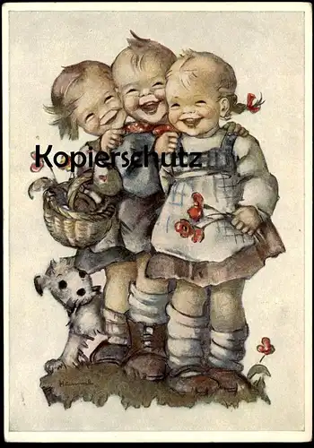 ALTE POSTKARTE KINDER JUNGE MÄDCHEN HUND HUMMEL Nr. 5918 LACH MIT KIND children child enfants enfant cpa AK postcard