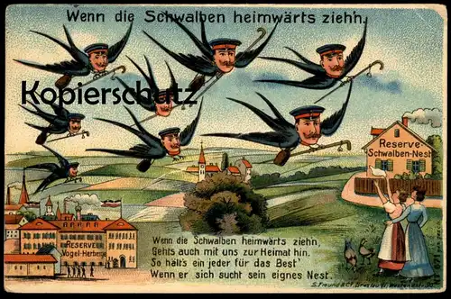 ALTE POSTKARTE SOLDATEN RESERVE WENN DIE SCHWALBEN HEIMWÄRTS ZIEH'N ZIEHN ZIEHEN VOGEL-HERBERGE MILITÄR montage photo AK