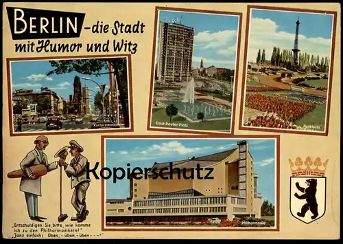 ÄLTERE POSTKARTE BERLIN DIE STADT MIT HUMOR UND WITZ WIE KOMME ICH ZU DEN PHILHARMONIKERN? ÜBEN ÜBEN... humour joke cpa