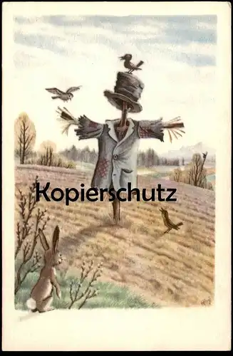 ALTE KÜNSTLER POSTKARTE VOGELSCHEUCHE HASE KRÄHE rabbit scarecrow crow épouvantail lapin corbeau postcard cpa AK