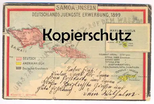 ALTE POSTKARTE SAMOA-INSELN DEUTSCHLAND'S JUENGSTE ERWERBUNG 1899 SAWAII UPOLU KOLONIE MANUA TUTUILA AMERIKA colony