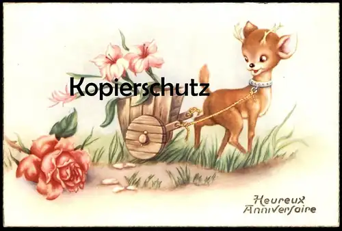 ÄLTERE POSTKARTE REHBOCK BÖCKCHEN ZIEHT KARREN MIT BLUMEN HEUREUX ANNIVERSAIRE REH HIRSCH roe deer cerf chevrenil cpa AK