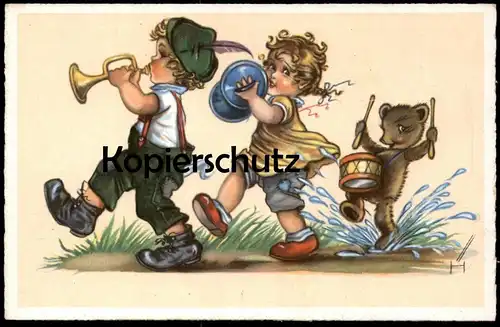 ALTE KÜNSTLER POSTKARTE KINDER & TEDDY BÄR VERMENSCHLICHT MUSIZIEREN TROMPETE TROMMEL MÄDCHEN JUNGE Ansichtskarte AK cpa