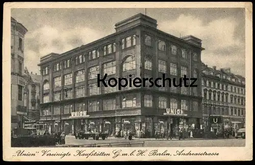 ALTE POSTKARTE BERLIN ANDREASSTRASSE UNION VEREINIGTE KAUFSTÄTTEN GMBH 1943 Kaufhaus Ansichtskarte AK cpa postcard