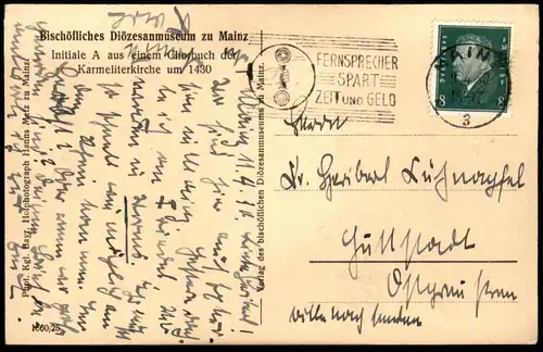 ALTE POSTKARTE MAINZ BISCHÖFLICHES DIÖZESANMUSEUM INITIALE A AUS EINEM CHORBUCH DER KARMELITERKIRCHE UM 1430 postcard AK