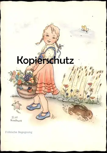 ALTE POSTKARTE MÄDCHEN FRÖHLICHE BEGEGNUNG OSTERHASE HASE KANINCHEN KIND SIGN. ILSE NORDHAUS enfant child postcard