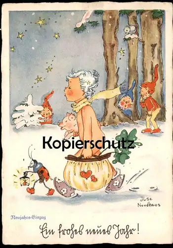 ALTE POSTKARTE KIND SCHWEIN ZWERG BABY NEUJAHR SIGN. ILSE NORDHAUS enfant child dwarf midget nain pig cochon postcard AK