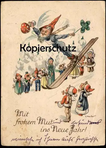 ALTE POSTKARTE ZWERG MIT FLIEGENPILZ SPRINGT SKI SKISPRINGEN ZWERGE ENGEL 1944 Pilz dwarf midget luge sleigh fly agaric