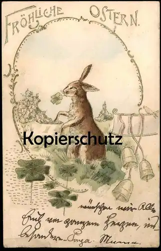 ALTE PRÄGE POSTKARTE FRÖHLICHE OSTERN OSTERHASE MIT KLEEBLATT IM GEÄSE HASENBART easter paques postcard Ansichtskarte