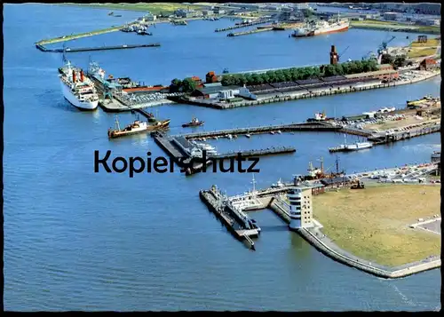 ÄLTERE POSTKARTE CUXHAVEN HAFENGEBIET VON NORDWESTEN LUFTAUFNAHME FLIEGERAUFNAHME FÄHRE FÄHRSCHIFF Schiff ship postcard