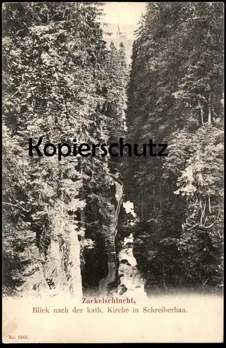 ALTE POSTKARTE ZACKELSCHLUCHT BLICK NACH DER KATHOLISCHEN KIRCHE SCHREIBERHAU RIESENGEBIRGE Szklarska Poreba Schlesien