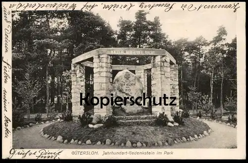 ALTE POSTKARTE GÜTERSLOH JAHRHUNDERT GEDENKSTEIN IM PARK 1913 DEN HELDEN VON 1813 LEIPZIG AK Ansichtskarte postcard cpa