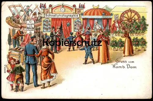 ALTE LITHO POSTKARTE GRUSS VOM HAMBURGER DOM DER JACOB AUS AMERIKA IST WIEDER DA JAKOB HAMBURG postcard carousel cpa AK