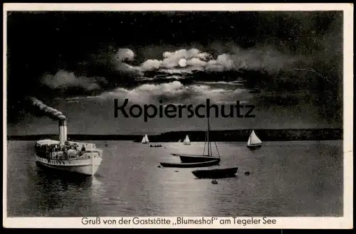 ALTE POSTKARTE BERLIN TEGEL GRUSS VON DER GASTSTÄTTE BLUMESHOF AM TEGELER SEE DAMPFER MONDSCHEIN Ansichtskarte postcard