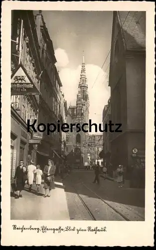 ALTE POSTKARTE REICHENBERG LIBEREC EISENGASSE BLICK ZUM RATHAUS FLEISCH-WURSTHALLE PFOHL Sudeten Ansichtskarte postcard