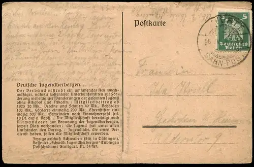 ALTE POSTKARTE TÜBINGEN JUGENDHERBERGE AUF DEM SCHLOSS ZEICHNUNG VON WILMA STEINBUCH STEMPEL WÜRTT. BAHN-POST postcard