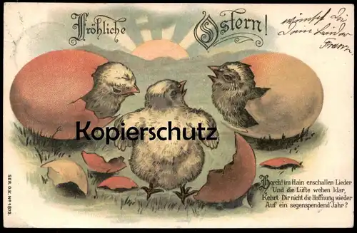 ALTE POSTKARTE FRÖHLICHE OSTERN KÜKEN EIER HORCH! IM HAIN ERSCHALLEN LIEDER UND... chick easter paques postcard AK cpa