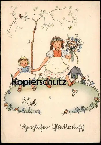 ALTE KÜNSTLER POSTKARTE HERZLICHEN GLÜCKWUNSCH KINDER MÄDCHEN BLUMEN VOGEL BAUM REICHSLOTTERIE PAUL VETTER SOLINGEN