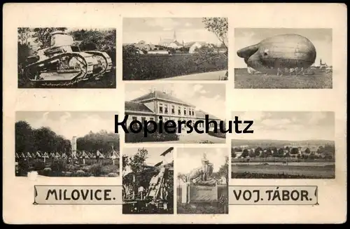 ALTE POSTKARTE MILOVICE VOJENSKY TABOR NEMOCNICE ZEPPELIN TANK LAGER MILOWITZ PANZER airship czech republic postcard cpa