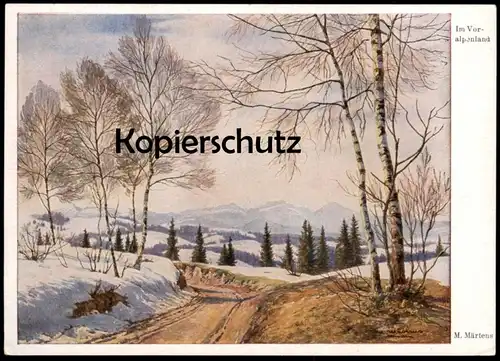 ALTE KÜNSTLER POSTKARTE IM VORALPENLAND SCHNEERESTE SCHNEE ALPEN BAYERN M. MÄRTENS Ansichtskarte AK postcard cpa