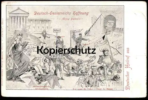 ALTE POSTKARTE SPRACHENVERORDNUNG DEUTSCH OESTERREICHS HOFFNUNG KASIMIR BADENI'S ABZUG PARLAMENTARISCHER SCHEITERHAUFEN