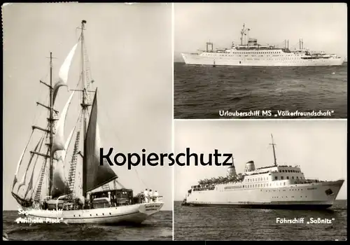 ÄLTERE POSTKARTE FÄHRSCHIFF SASSNITZ URLAUBSCHIFF MS VÖLKERFREUNDSCHAFT SEGELSCHULSCHIFF WILHELM PIECK Schiff Kreuzfahrt