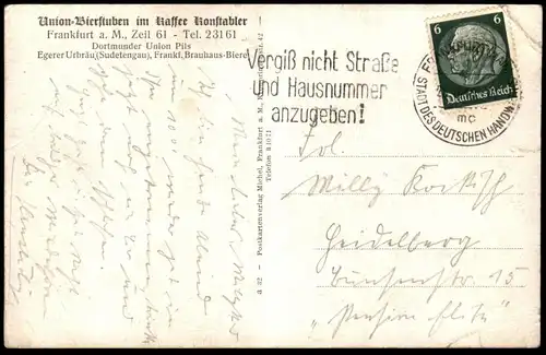 ALTE POSTKARTE FRANKFURT AM MAIN UNION BIERSTUBEN IM KAFFEE KONSTABLER WAAGE THEKE WURST FEIST PONY SEKT postcard cpa