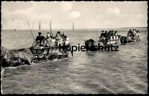 ÄLTERE POSTKARTE NORDSEEBAD CUXHAVEN DUHNEN WATTWAGEN ZUR INSEL NEUWERK PFERDE Kutsche horses coach horse-drawn-carriage