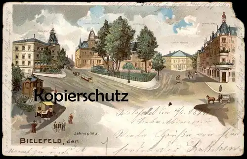 ALTE LITHO POSTKARTE BIELEFELD JAHNSPLATZ LÖWEN-APOTHEKE CENTRAL-HOTEL WESTF. BANK KAISERLICHES POSTAMT HOTEL POST 1899