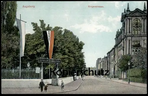 ALTE POSTKARTE AUGSBURG SINGERSTRASSE GARTEN ZUM STOCKHAUS KELLER STOCKHAUSKELLER BEFLAGGUNG Ansichtskrte postcard cpa